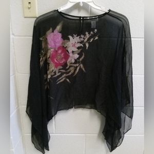 Vintage Robbie Bee 100% Sheer Black Poncho - Beaded Floral Pattern, 20W